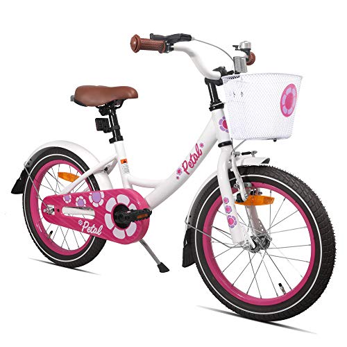 HILAND Petal - Bicicleta infantil de 16 pulgadas | Certificado TÜV | para niñas de 4 años con soporte, cesta, freno de mano y freno de contrapedal, color blanco