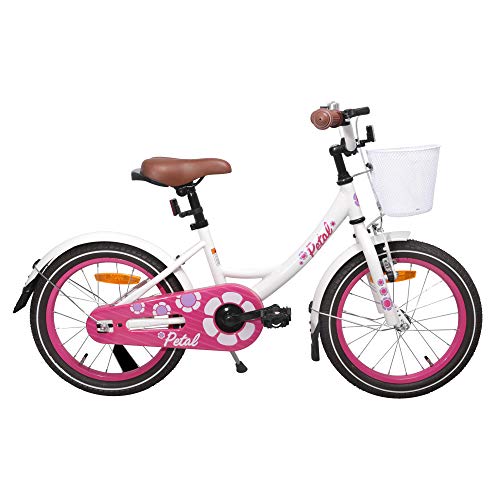 HILAND Petal - Bicicleta infantil de 16 pulgadas | Certificado TÜV | para niñas de 4 años con soporte, cesta, freno de mano y freno de contrapedal, color blanco