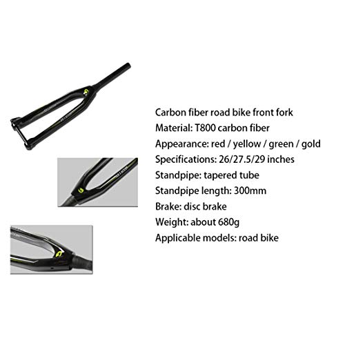 HIOD Fibra de Carbon Horquillas de Bicicleta Bici de Montaña Eje de Barril Freno de Disco Horquilla de Bicicleta Tubo Cónico Horquilla,Yellow,26