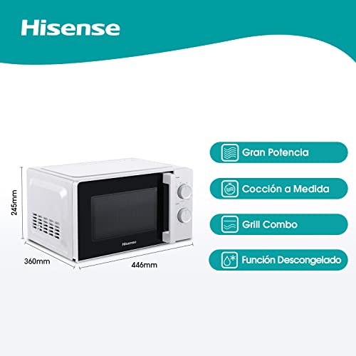 Hisense H20MOWS1HG - Microondas, Capacidad de 20 L, 700 W de Potencia, 900 W Grill, 5 Niveles, Temporizador 30 Min, Modo Descongelar, Tirador, Acabado Blanco