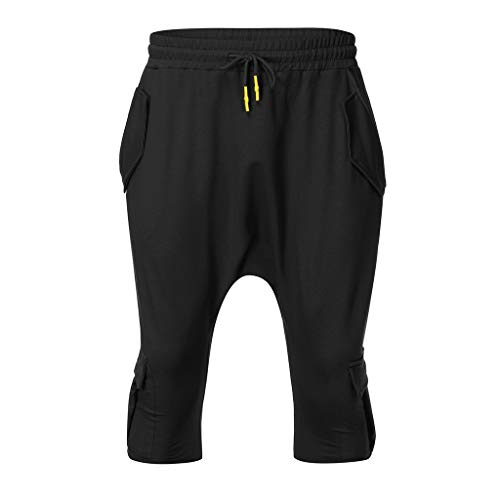 Hombre Pantalones Harem - Pantalones Cortos 3/4 Cómoda Cintura Elástica Pantalones con Cintura Moda Color Sólido Sueltas Casuales Yoga Hippies Pantalon Bombachos Yvelands(Negro,XL)