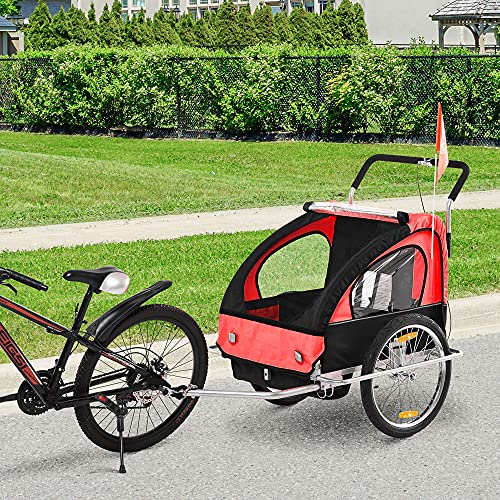 HOMCOM 2 en 1 Remolque de Bicicleta para Niños de 2 Plazas con Amortiguadores Convertible en Carro para Correr con Barra y Kit de Footing 129x85x105cm Rojo