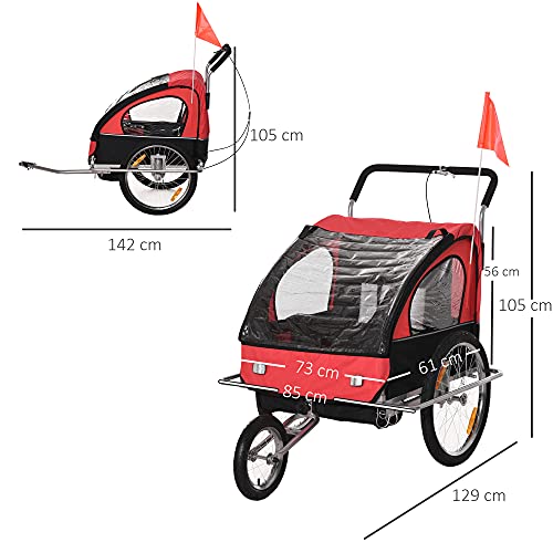 HOMCOM 2 en 1 Remolque de Bicicleta para Niños de 2 Plazas con Amortiguadores Convertible en Carro para Correr con Barra y Kit de Footing 129x85x105cm Rojo