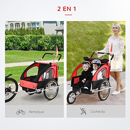 HOMCOM 2 en 1 Remolque de Bicicleta para Niños de 2 Plazas con Amortiguadores Convertible en Carro para Correr con Barra y Kit de Footing 129x85x105cm Rojo