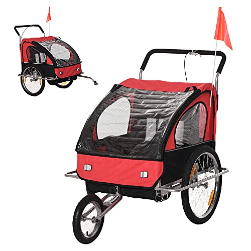 HOMCOM 2 en 1 Remolque de Bicicleta para Niños de 2 Plazas con Amortiguadores Convertible en Carro para Correr con Barra y Kit de Footing 129x85x105cm Rojo