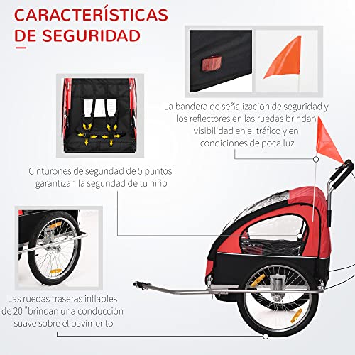 HOMCOM 2 en 1 Remolque de Bicicleta para Niños de 2 Plazas con Amortiguadores Convertible en Carro para Correr con Barra y Kit de Footing 129x85x105cm Rojo