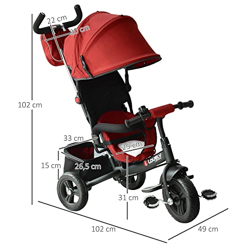 HOMCOM 3 EN 1 Triciclo para Niños +18 Meses Triciclo con Pedales con Capota Extraíble Plegable Barra Telescópica para Padres Triciclo de Empuje 102x49x102cm