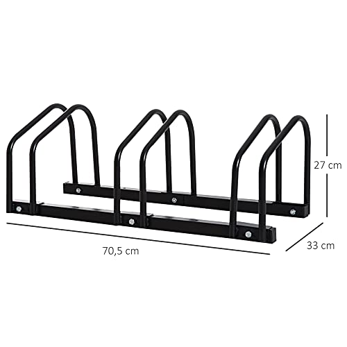 HOMCOM Aparcamiento para 3 Bicicletas Soporte de Acero para Aparcar Bicicletas en el Suelo Estacionamiento para Interior y Exterior 70,5x33x27 cm Negro