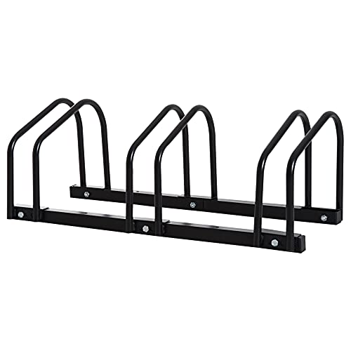 HOMCOM Aparcamiento para 3 Bicicletas Soporte de Acero para Aparcar Bicicletas en el Suelo Estacionamiento para Interior y Exterior 70,5x33x27 cm Negro