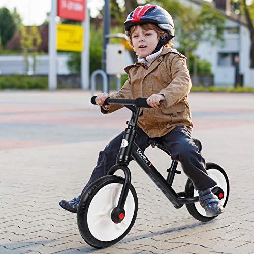 HOMCOM Bicicleta de Equilibrio con Pedales y Ruedas Entrenamiento Extraíbles de Asiento Regulable 33-38cm Niños +24 Meses Carga 25kg Negro