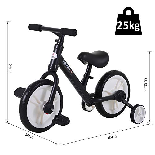 HOMCOM Bicicleta de Equilibrio con Pedales y Ruedas Entrenamiento Extraíbles de Asiento Regulable 33-38cm Niños +24 Meses Carga 25kg Negro