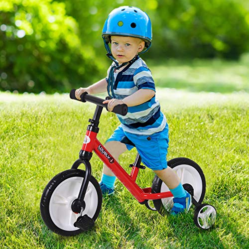 HOMCOM Bicicleta de Equilibrio con Pedales y Ruedas Entrenamiento Extraíbles de Asiento Regulable 33-38cm Niños +24 Meses Carga 25kg Rojo