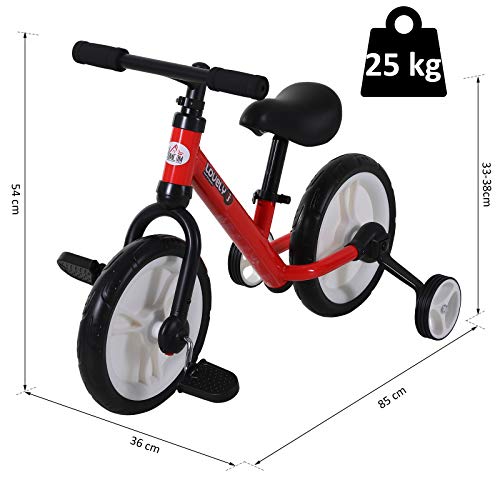 HOMCOM Bicicleta de Equilibrio con Pedales y Ruedas Entrenamiento Extraíbles de Asiento Regulable 33-38cm Niños +24 Meses Carga 25kg Rojo