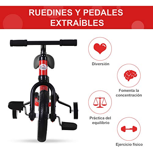 HOMCOM Bicicleta de Equilibrio con Pedales y Ruedas Entrenamiento Extraíbles de Asiento Regulable 33-38cm Niños +24 Meses Carga 25kg Rojo