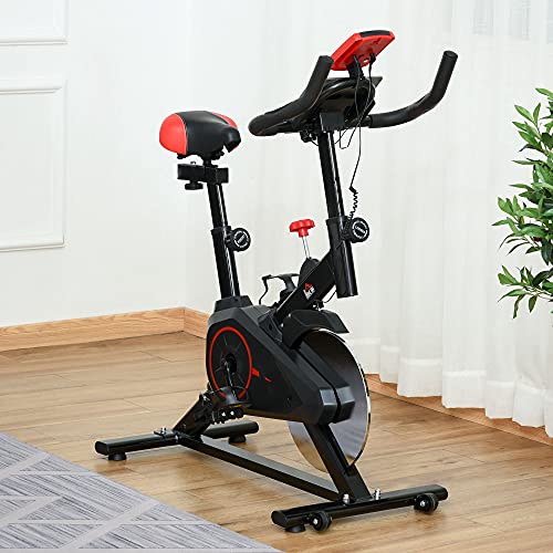 HOMCOM Bicicleta Estática con Pantalla LCD Volante de Inercia de 6kg Sillín y Manillar Ajustables en Altura y Resistencia Regulable 85x46x114 cm Negro y Rojo