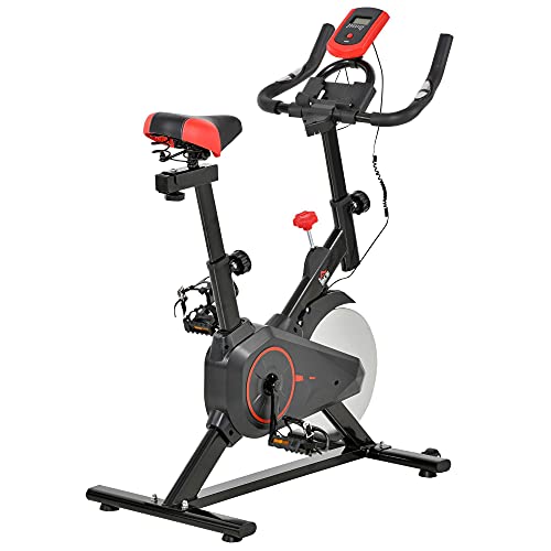 HOMCOM Bicicleta Estática con Pantalla LCD Volante de Inercia de 6kg Sillín y Manillar Ajustables en Altura y Resistencia Regulable 85x46x114 cm Negro y Rojo