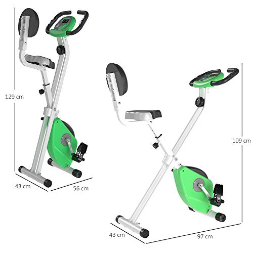 HOMCOM Bicicleta Estática para Ejercicios Profesional Bicicleta Vertical Plegable de Forma X con 8 Niveles Resistencia Magnética Asiento con Altura Ajustable Acero 43x97x109 cm Verde