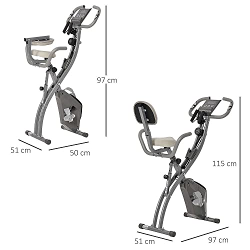 HOMCOM Bicicleta Estática Plegable Regulable en Altura Resistencia Magnética Ajustable Bicicleta de Ejercicio Fitness con Pantalla LCD y Asiento con Respaldo 97x51x115 cm Gris
