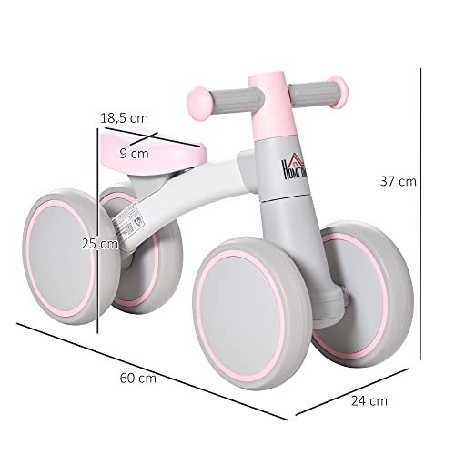 HOMCOM Bicicleta sin Pedales para Niños de 1-3 Años Bicicleta de Equilibrio con 4 Ruedas Ligeras Correpasillos Infantil 60x24x37 cm Rosa