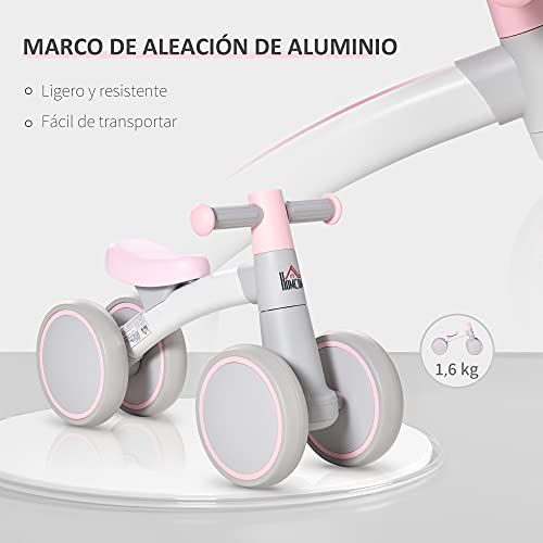 HOMCOM Bicicleta sin Pedales para Niños de 1-3 Años Bicicleta de Equilibrio con 4 Ruedas Ligeras Correpasillos Infantil 60x24x37 cm Rosa