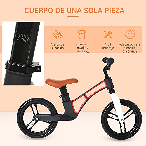 HOMCOM Bicicleta sin Pedales para Niños de 2 a 5 Años Aleación de magnesio Bicicleta de Equilibrio Infantil con Sillín y Manillar Ajustables Ruedas de Goma 86x41x49-56 cm Negro