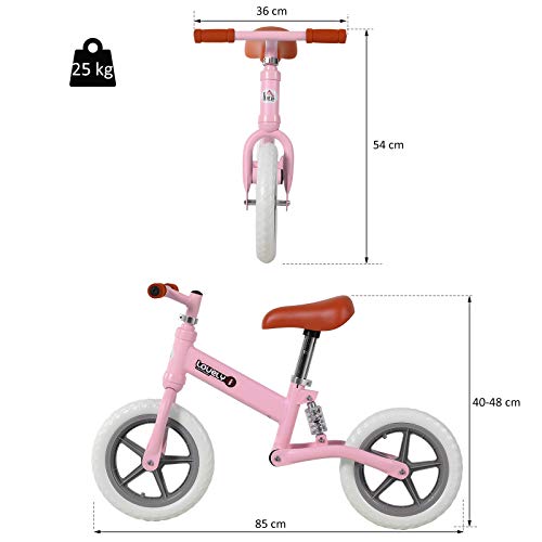 HOMCOM Bicicleta Sin Pedales para Niños Mayores de 2 Años Bicicleta Entrenamiento Equilibrio con Sillín Regulable Acolchado Rueda Antideslizante Carga 25 kg 85x36x54 cm Color Rosa