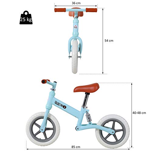 HOMCOM Bicicleta Sin Pedales para Niños Mayores de 2 Años Bicicleta Entrenamiento Equilibrio con Sillín Regulable Acolchado Rueda Antideslizante Carga 25 kg 85x36x54 cm Color Azul