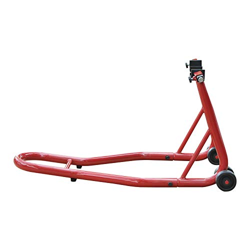 HOMCOM Caballete de Moto Soporte Posterior Universal Portátil y Móvil Tipo Elevador con 2 Horquillas y Ruedas 80x50x40cm Color Rojo y Material de Acero