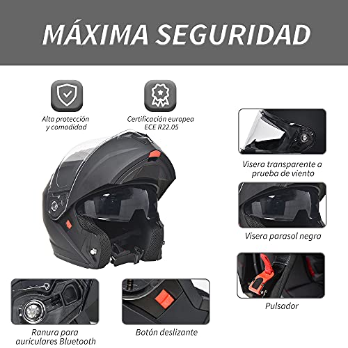 HOMCOM Casco de Moto Integral Talla L-59 cm Casco de Motocicleta con Doble Visera Cabezal Anticolisión y Ventilaciones con Certificación Europea Unisex Color Negro