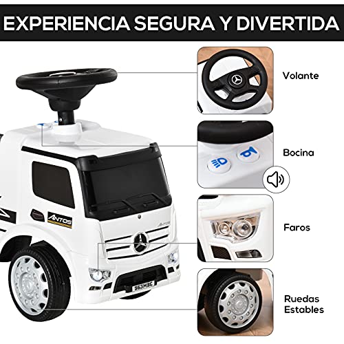 HOMCOM Coche Correpasillos Mercedes ANTOS para Niños de +12 Meses con Bocina Faros Compartimento de Almacenaje Respaldo y Protección Antivuelco 62,5x28,5x45 cm Blanco y Negro