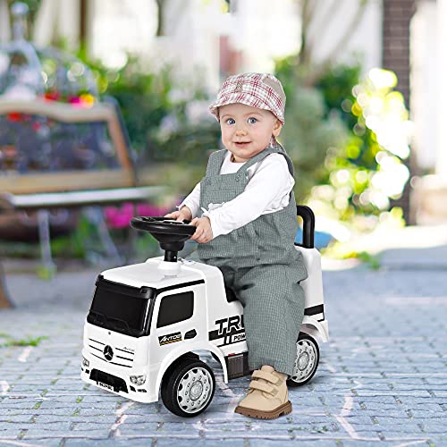 HOMCOM Coche Correpasillos Mercedes ANTOS para Niños de +12 Meses con Bocina Faros Compartimento de Almacenaje Respaldo y Protección Antivuelco 62,5x28,5x45 cm Blanco y Negro