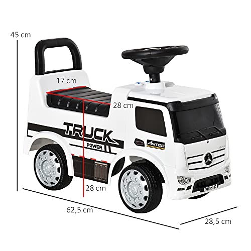 HOMCOM Coche Correpasillos Mercedes ANTOS para Niños de +12 Meses con Bocina Faros Compartimento de Almacenaje Respaldo y Protección Antivuelco 62,5x28,5x45 cm Blanco y Negro