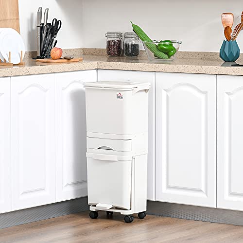 HOMCOM Cubo de Basura y Reciclaje 45L Basurero Móvil con Ruedas 4 Compartimentos Cajón Apertura y Cierre Fácil con Pulsador y Pedal 42x29x83 cm Blanco