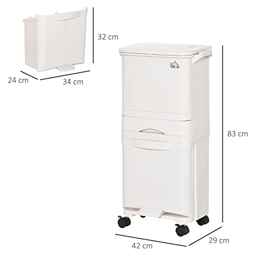 HOMCOM Cubo de Basura y Reciclaje 45L Basurero Móvil con Ruedas 4 Compartimentos Cajón Apertura y Cierre Fácil con Pulsador y Pedal 42x29x83 cm Blanco