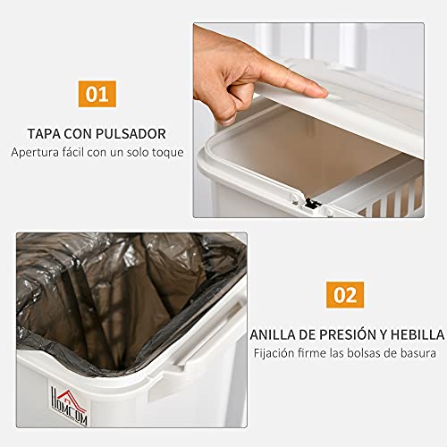 HOMCOM Cubo de Basura y Reciclaje 45L Basurero Móvil con Ruedas 4 Compartimentos Cajón Apertura y Cierre Fácil con Pulsador y Pedal 42x29x83 cm Blanco