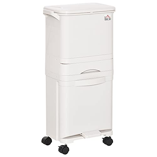 HOMCOM Cubo de Basura y Reciclaje 45L Basurero Móvil con Ruedas 4 Compartimentos Cajón Apertura y Cierre Fácil con Pulsador y Pedal 42x29x83 cm Blanco