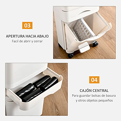 HOMCOM Cubo de Basura y Reciclaje 45L Basurero Móvil con Ruedas 4 Compartimentos Cajón Apertura y Cierre Fácil con Pulsador y Pedal 42x29x83 cm Blanco