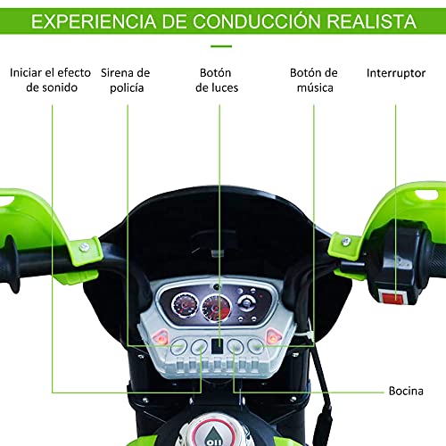 HOMCOM Moto de Batería Infantil Motocicleta Eléctrica para Niños de +3 Años con Luces Música y Ruedas de Apoyo 109x52,2x70,5 cm Verde