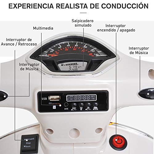 HOMCOM Moto Eléctrica Infantil Coche Triciclo Vespa Scooter Eléctrico a Batería con Luz MP3 USB Bocina para Niños Más de 3 Años Carga 30kg