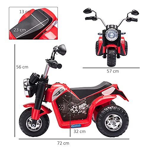 HOMCOM Moto Eléctrica Infantil con 3 Ruedas Triciclo a Batería 6V para Niños de 18-36 Meses con Faro Bocina Velocidad 2 km/h 72x57x56 cm Rojo