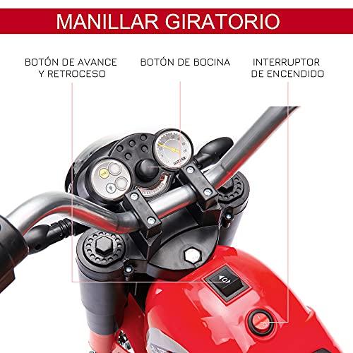 HOMCOM Moto Eléctrica Infantil con 3 Ruedas Triciclo a Batería 6V para Niños de 18-36 Meses con Faro Bocina Velocidad 2 km/h 72x57x56 cm Rojo