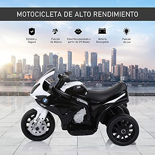 HOMCOM Moto Eléctrica Infantil con Licencia BMW S1000RR Trimoto para Niños +2 Años con Luces y Música 66x37x44 cm Negro