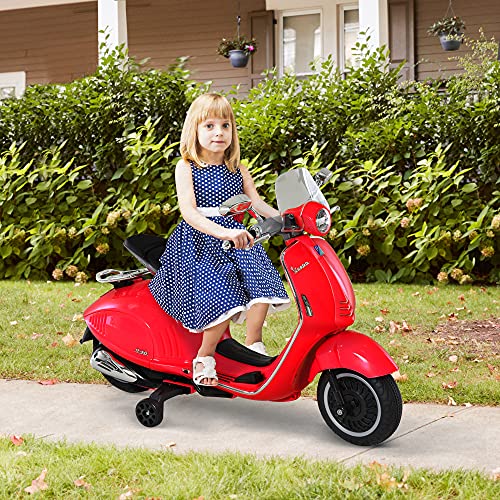 HOMCOM Moto Eléctrica Vespa Faros Música 2 Ruedas Auxiliares para Niños Mayores de 3 Años Motocicleta Infantil Autorizada 108x49x75 cm Rojo