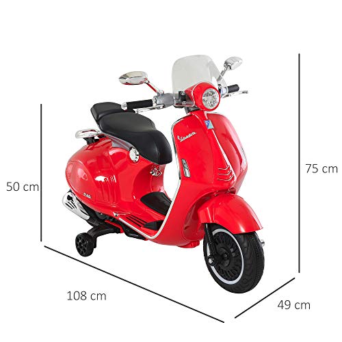 HOMCOM Moto Eléctrica Vespa Faros Música 2 Ruedas Auxiliares para Niños Mayores de 3 Años Motocicleta Infantil Autorizada 108x49x75 cm Rojo