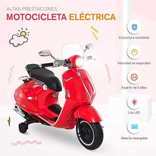 HOMCOM Moto Eléctrica Vespa Faros Música 2 Ruedas Auxiliares para Niños Mayores de 3 Años Motocicleta Infantil Autorizada 108x49x75 cm Rojo