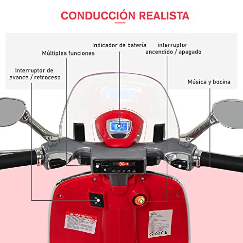 HOMCOM Moto Eléctrica Vespa Faros Música 2 Ruedas Auxiliares para Niños Mayores de 3 Años Motocicleta Infantil Autorizada 108x49x75 cm Rojo