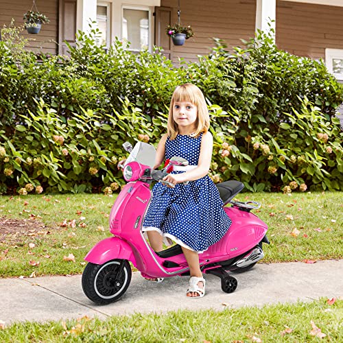 HOMCOM Moto Eléctrica Vespa Faros Música 2 Ruedas Auxiliares para Niños Mayores de 3 Años Motocicleta Infantil Autorizada 108x49x75 cm Rosa