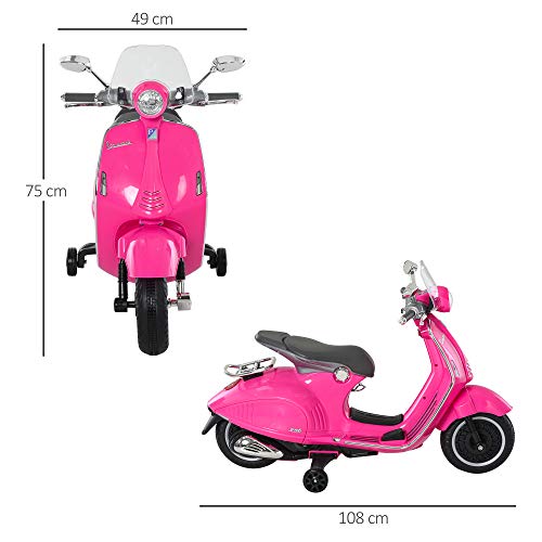 HOMCOM Moto Eléctrica Vespa Faros Música 2 Ruedas Auxiliares para Niños Mayores de 3 Años Motocicleta Infantil Autorizada 108x49x75 cm Rosa