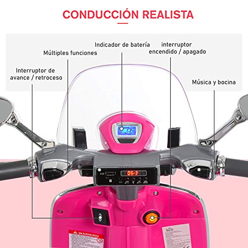 HOMCOM Moto Eléctrica Vespa Faros Música 2 Ruedas Auxiliares para Niños Mayores de 3 Años Motocicleta Infantil Autorizada 108x49x75 cm Rosa