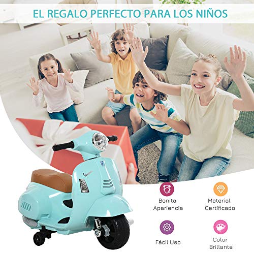 HOMCOM Moto Eléctrica Vespa para Niños de 18-36 Meses con Faro Bocina y 4 Ruedas Motocicleta Infantil con Licencia 66,5x38x52 cm Verde